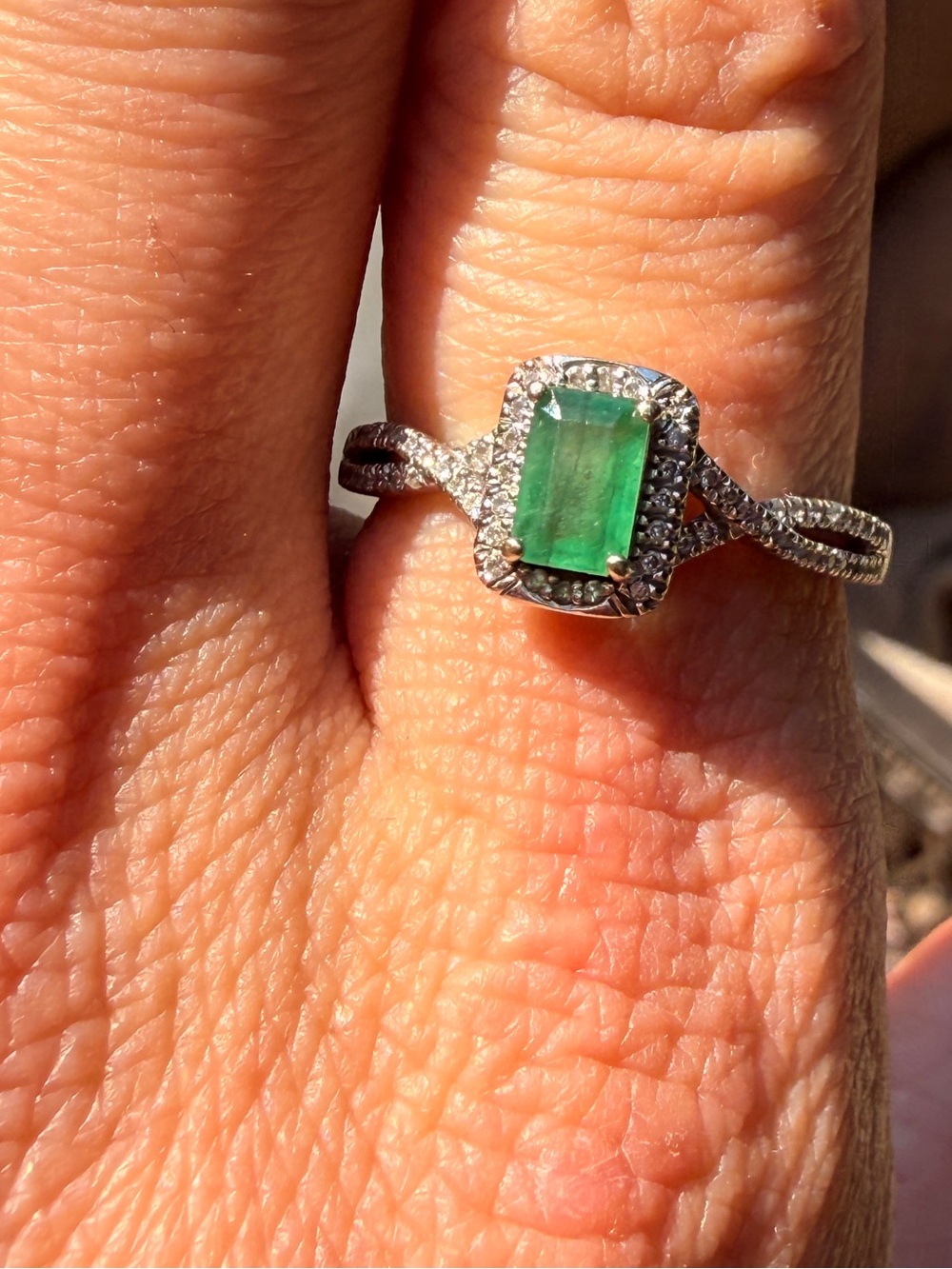 STS 10K White Gold Emerald-Cut Emerald
Double Halo Ring .70 Ct